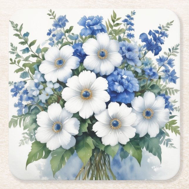 Bunch of Flowers Elegant Watercolor Square Paper Coaster (Front)