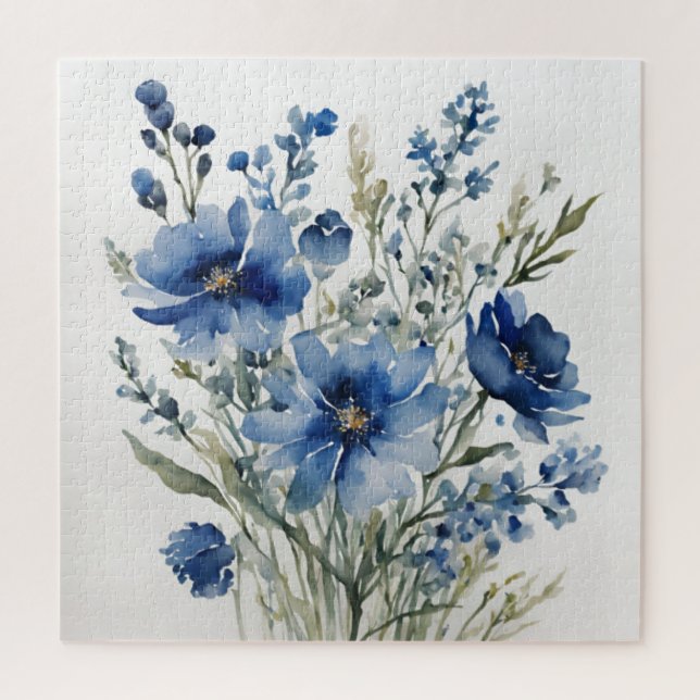 Bunch of Flowers Elegant Watercolor Stylish Blue Jigsaw Puzzle (Vertical)