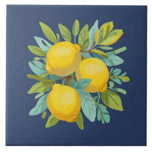 Bunch of Lemons on Mediterranean Dark Blue Tile