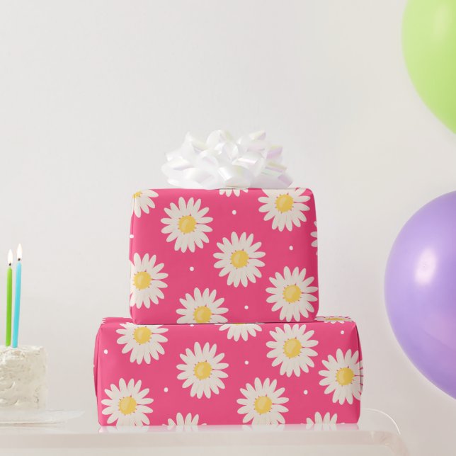 Bunch Of White Daisies Pattern In Pink Background Wrapping Paper (Party Gifts)