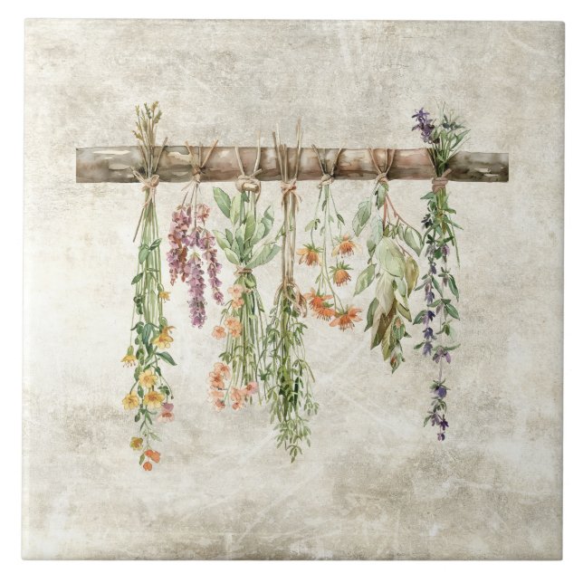 Bunches of Dried Rustic Wildflowers Vintage Tile (Front)