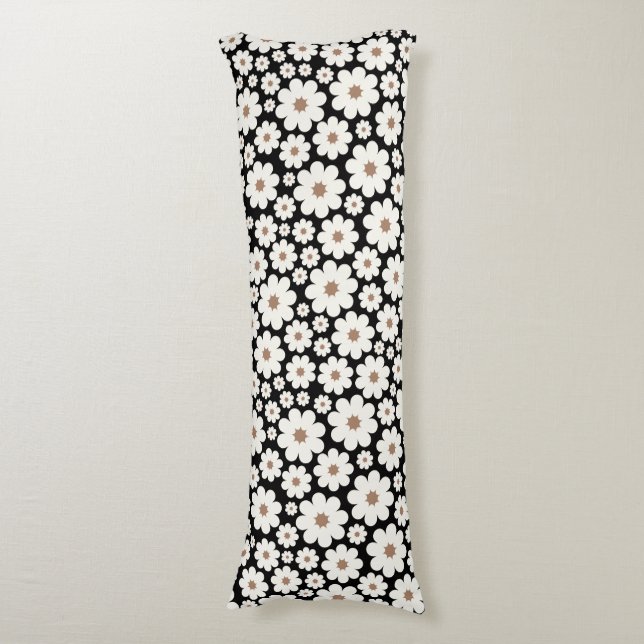 Bunches of happy white daisy flowers tan centre body pillow (Front Vertical)