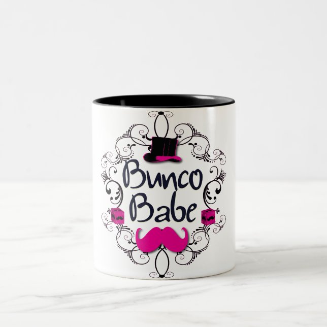 Bunco Babe with Pink Top Hat and Pink Moustache Two-Tone Coffee Mug (Center)