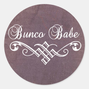 bunco babe with white lettering and purple leather classic round sticker
