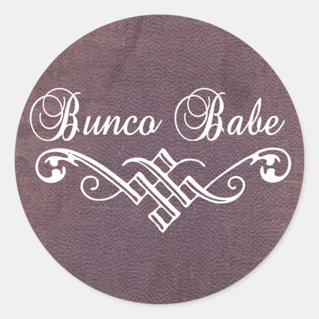 bunco babe with white lettering and purple leather classic round sticker (Front)