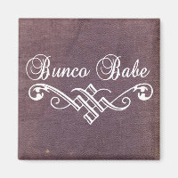 bunco babe with white lettering and purple leather