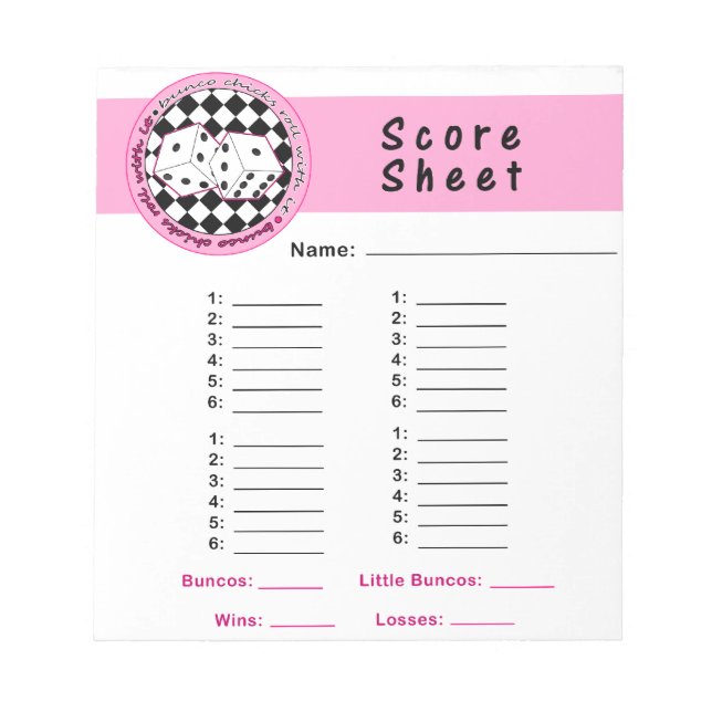Bunco Chicks Roll with it Score Card Notepad Pink (Front)
