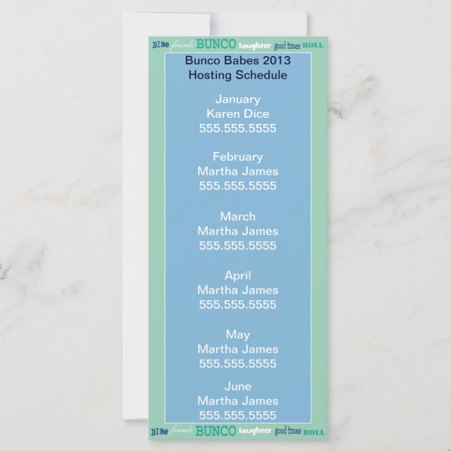 Bunco Hosting Schedule, Calendar or Roster (Front)