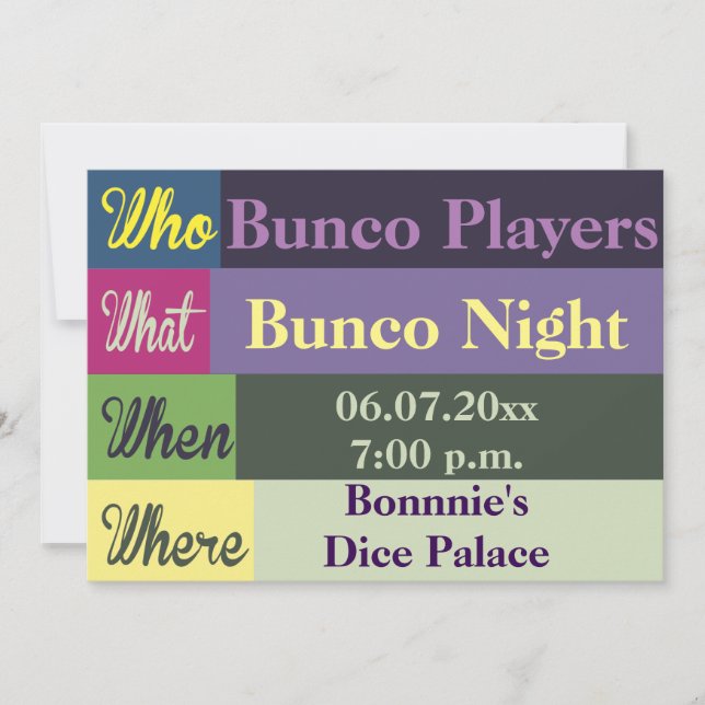 Bunco Modern Colourful Fun Invite (Front)