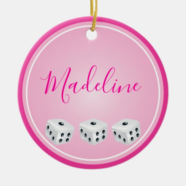 Bunco Player Dice Monogram Pink Ceramic Ornament (Front)
