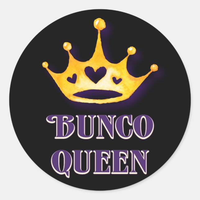 Bunco Queen Crown Party Purple Black Classic Round Sticker (Front)