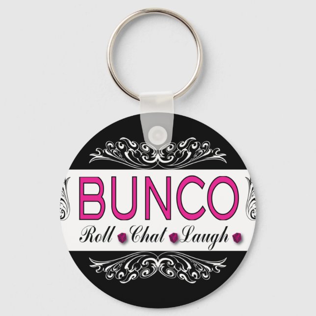 Bunco, Roll, Chat, Laugh In Pink, Black and White Keychain (Front)