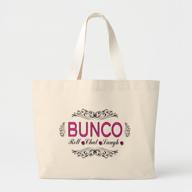 Bunco, Roll, Chat, Laugh In Pink, Black and White Large Tote Bag (Front)