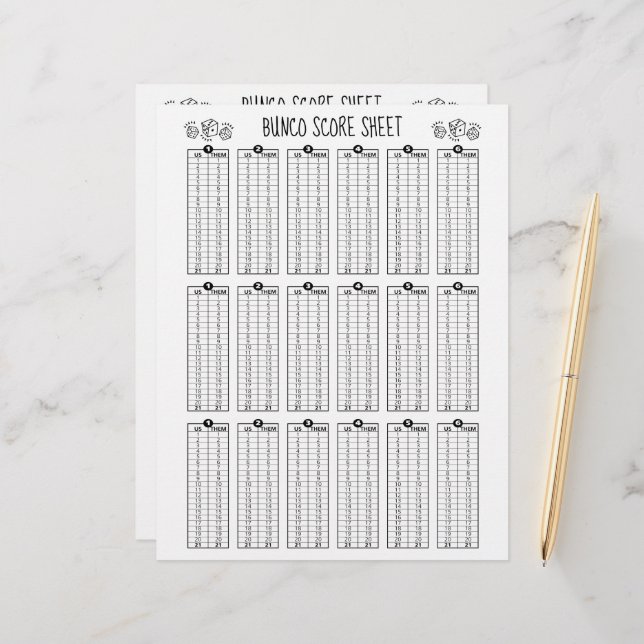 Bunco Score Sheet - Table Score for Dice Game (Front/Back In Situ)