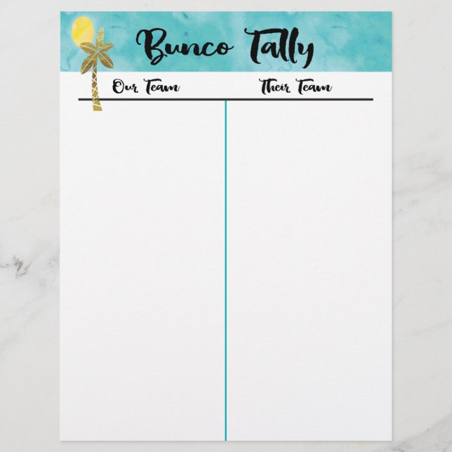 Bunco Tally Sheet - Beach Palm Tree Summer Fun (Front)