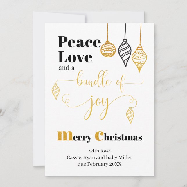 Bundle of Joy Black and Gold Christmas Ornaments Holiday Card (Front)