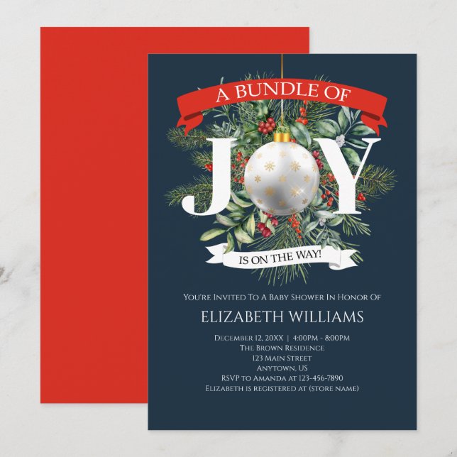 Bundle Of Joy Christmas Greenery Baby Shower Invitation (Front/Back)