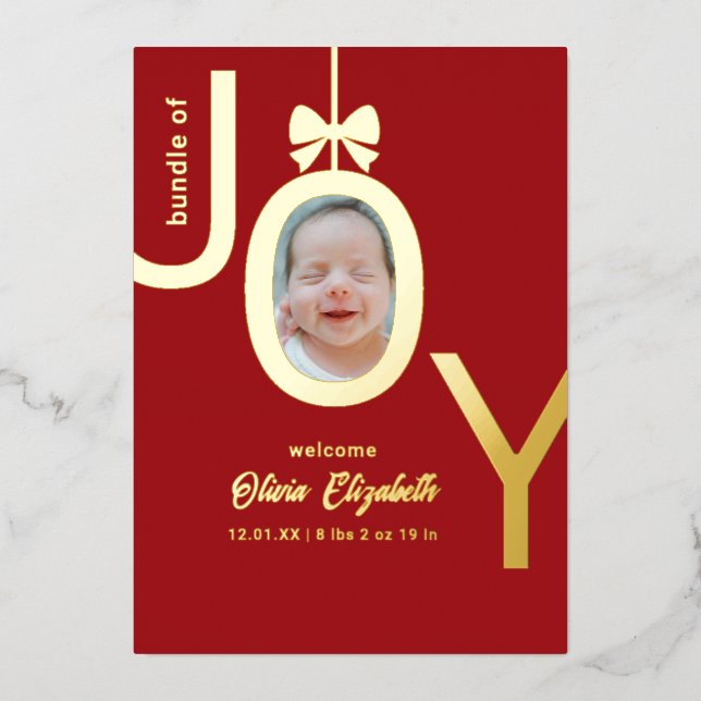 Bundle of JOY Real Gold Foil Photo Birth Foil Holiday Card (Front)