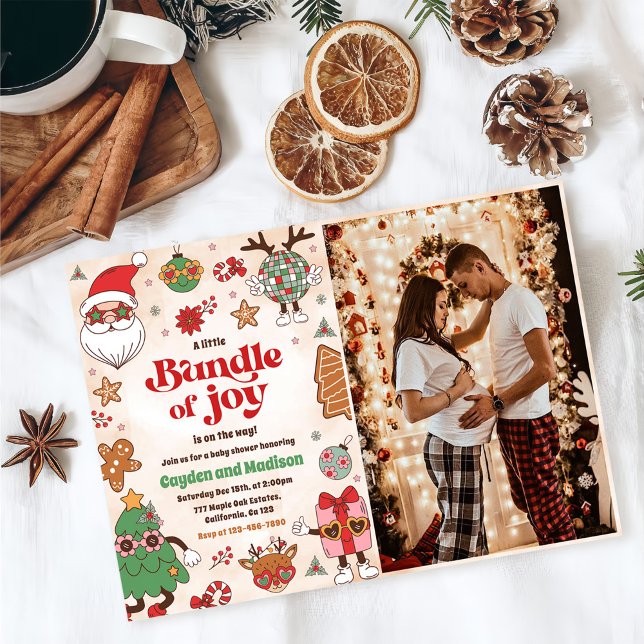 Bundle Of Joy Retro Christmas Baby Shower Photo Invitation (Creator Uploaded)