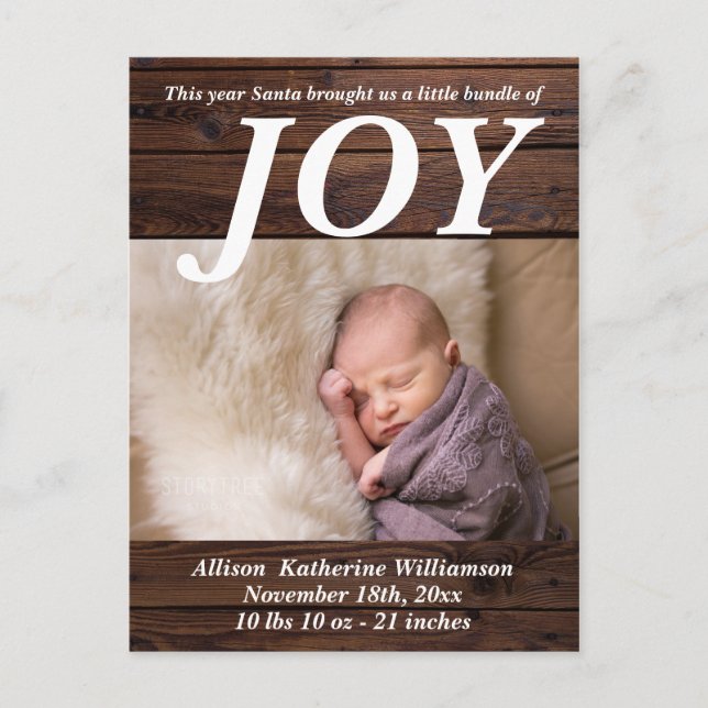 Bundle of Joy Rustic Wood New Baby Christmas Photo Postcard (Front)
