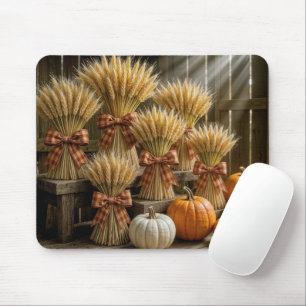 Bundled Wheat Sheaves In Barn With Pumpkins Mouse Pad