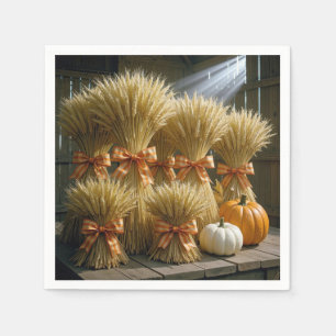 Bundled Wheat Sheaves In Barn With Pumpkins Napkin