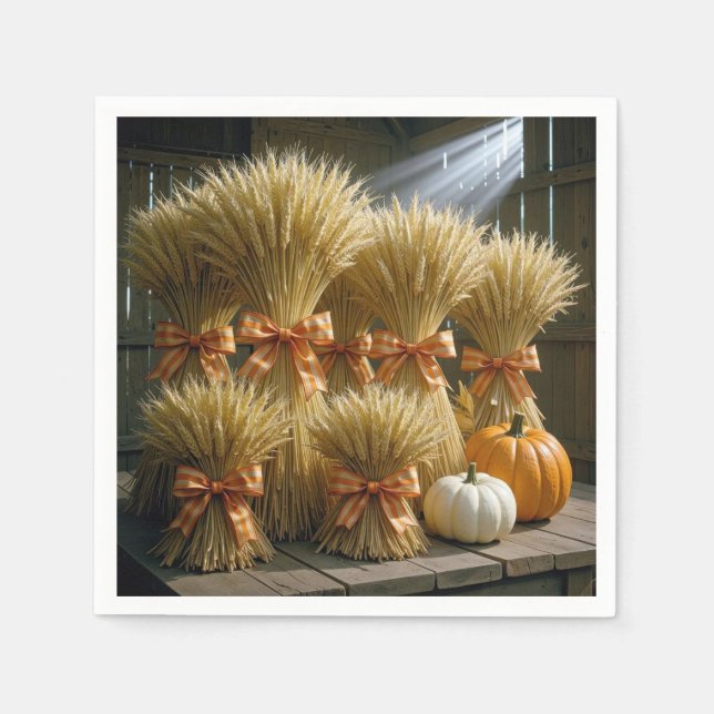 Bundled Wheat Sheaves In Barn With Pumpkins Napkin (Front)