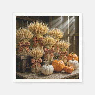 Bundled Wheat Sheaves In Barn With Pumpkins Napkin