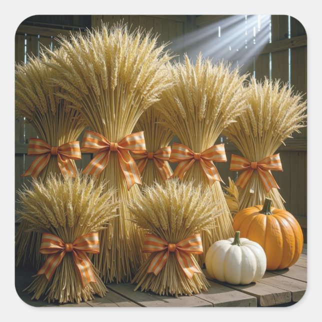 Bundled Wheat Sheaves In Barn With Pumpkins Square Sticker (Front)