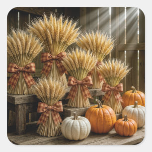 Bundled Wheat Sheaves In Barn With Pumpkins Square Sticker