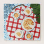 Bundt Cake and Coffee for Two Jigsaw Puzzle<br><div class="desc">Charming, cozy Sunday brunch with friends. Cafe table flat lay with bundt cake and cappuccino coffee for two on a table with a red & white chequered table cloth. Monstera plants and traditional Spanish tiles on the floor. I'd love to see this design out in the wild; tag me on...</div>