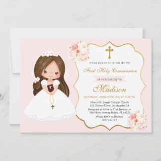Bunette Girl First Holy Communion Elegant Cute Invitation
