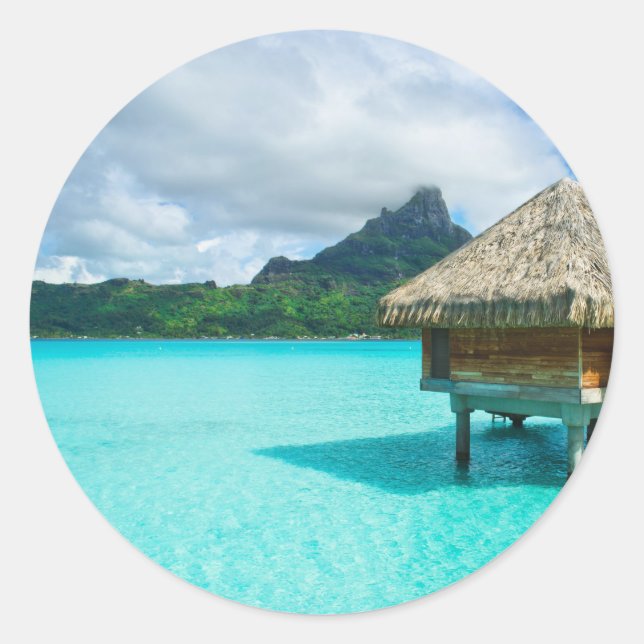 Bungalow aquatique, autocollant rond Bora Bora (Devant)