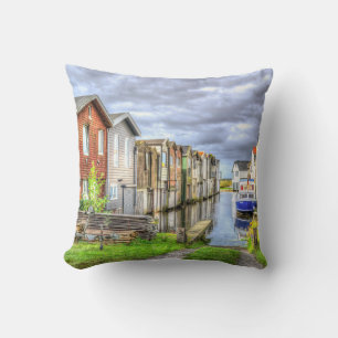 Bungalow Harbour Scenary Boat Landscape            Throw Pillow