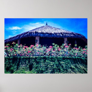 Bungalows surrounded by tropical flowers poster