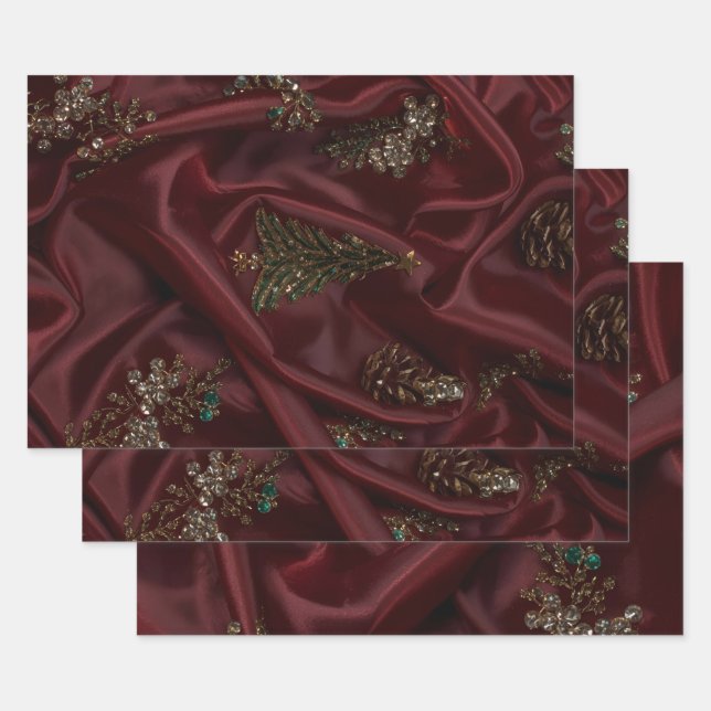 Bungundy Silk-Look Diamond Encrusted Wrapping Paper Sheet (Set)