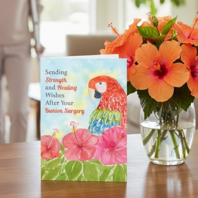 Bunion Surgery Healing Scarlet Macaws, Hibiscus Card (Creator Uploaded)