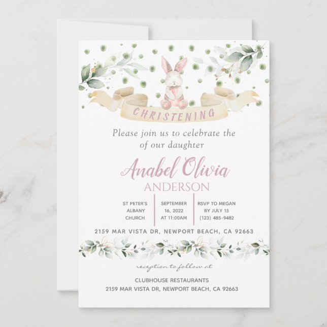 Bunn Pink Floral Greenery Baptism Girl  Invitation (Front)