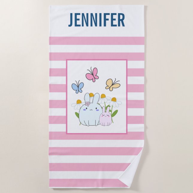 Bunnie Flowers & Butterflies Personalized Beach Towel (Front)