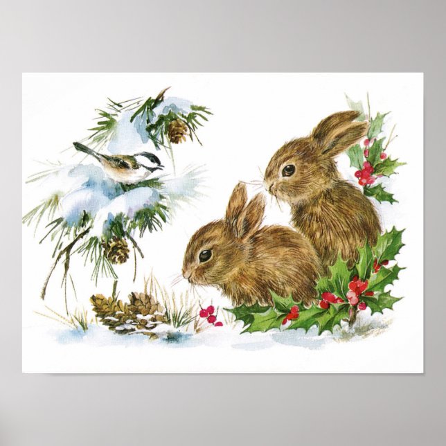 Bunnies and Bird Enjoy Snow Christmas Decor Print (Front)