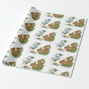 Bunnies and Bird Enjoy Snow Christmas  Wrapping Paper