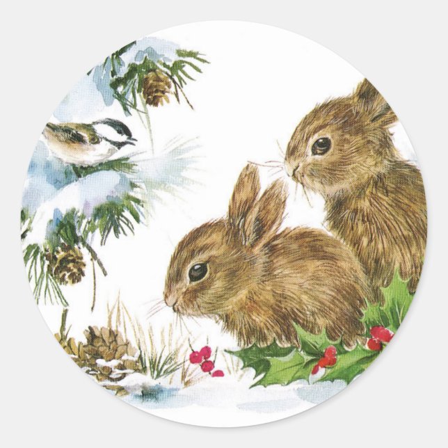 Bunnies and Bird Enjoy Snow Classic Round Sticker (Front)