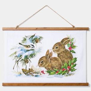 Bunnies and Bird Enjoy Snow  Hanging Tapestry