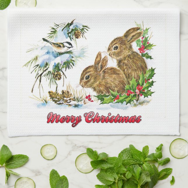 Bunnies and Bird Enjoy Snow Merry Christmas Kitchen Towel (Folded)