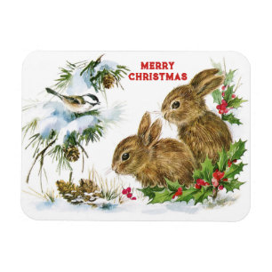 Bunnies and Bird Enjoy Snow Merry Christmas Magnet