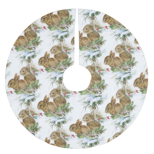 Bunnies and Bird in Snow Christmas Tree Skirt (Front)