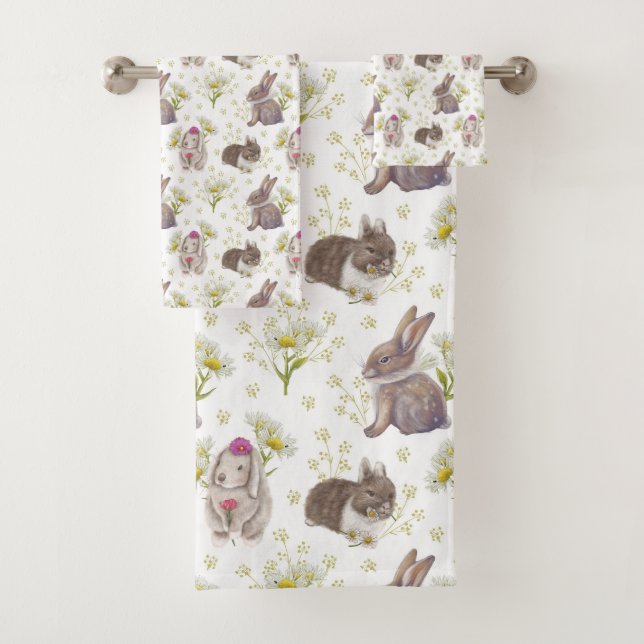 Bunnies and Daisies Pattern on White Towel Set (Insitu)
