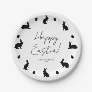 Bunnies And Eggs In Black Modern Happy Easter Paper Plate
