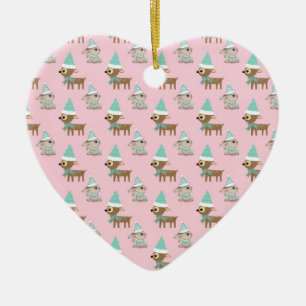 Bunnies and Reindeer over Pale Pink Holiday Art Ceramic Ornament