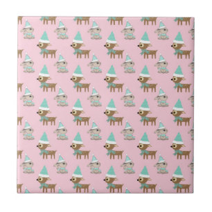 Bunnies and Reindeer over Pale Pink Holiday Art Tile